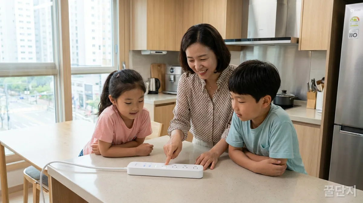 아이들에게 스마트 멀티탭 사용법을 설명하는 한국인 엄마