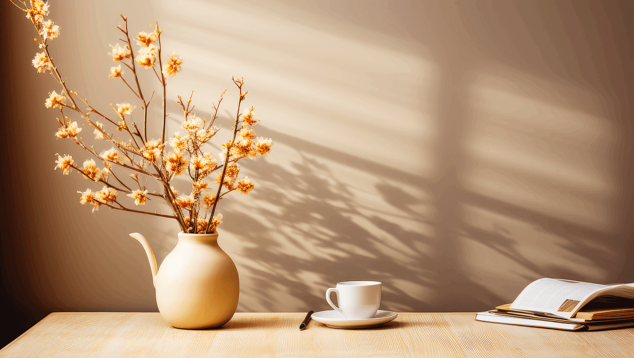 원목 책상에 하얀 도자기가 있다. 도자기 안에는 주황색 꽃들이 핀 나뭇가지들이 있고 옆에는 하얀 커피잔과 책도 있다.