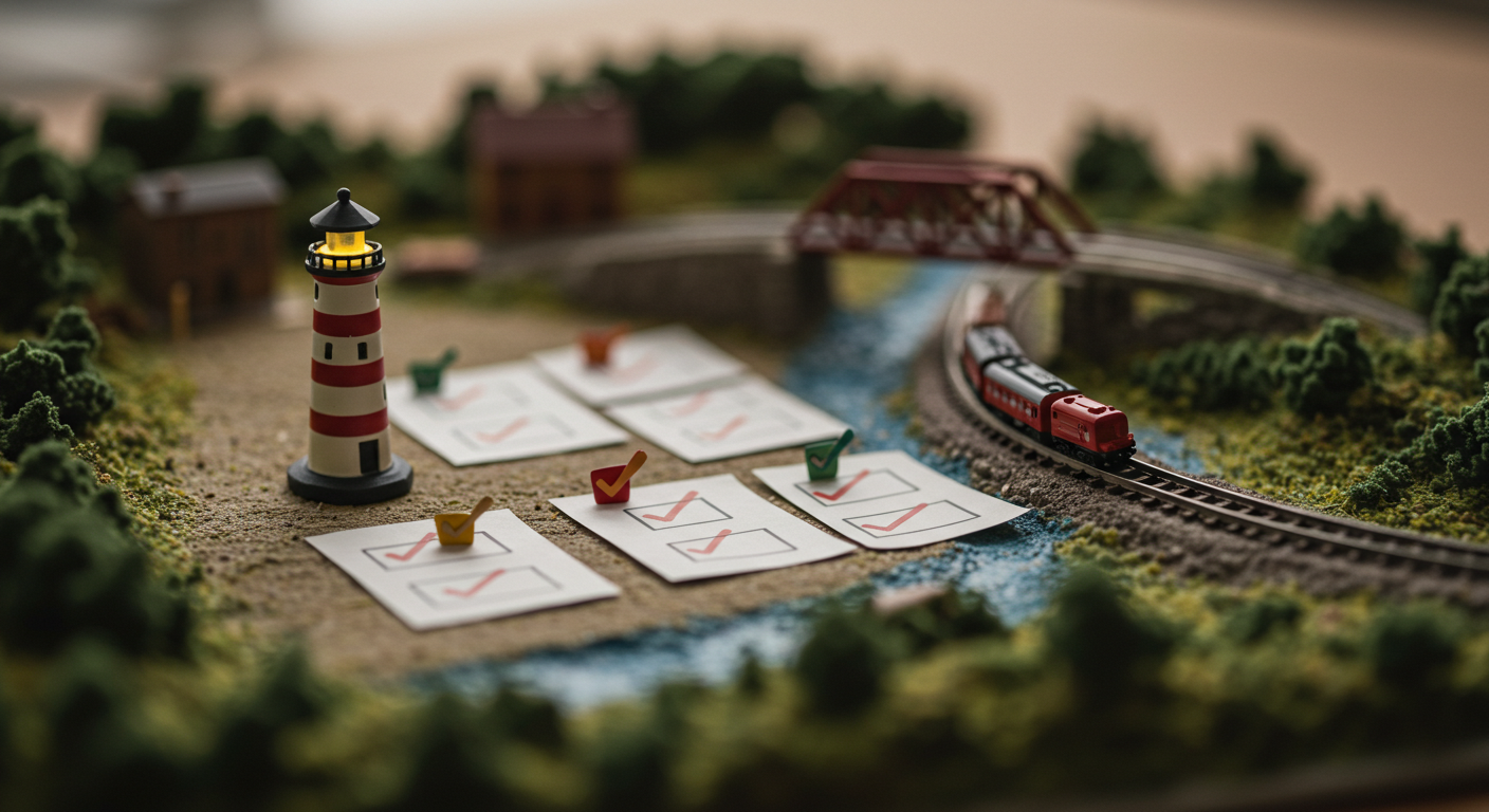 미래 글쓰기 체크리스트를 미니어처 소품(작은 등대, 다리 모형, 메모 카드)로 표현한 틸트쉬프트 아이콘 이미지