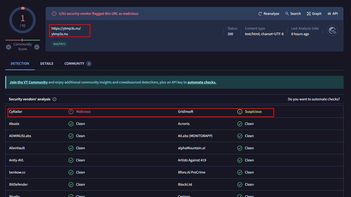 바이러스 토탈 검색 결과
