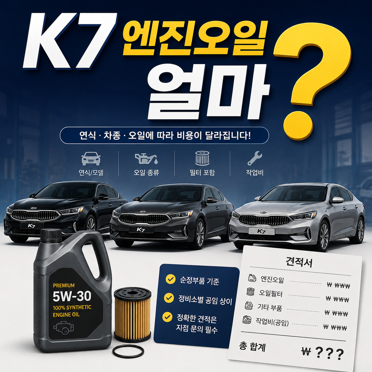 K7 오토큐 엔진오일 교환가격과 비용 차이를 설명하는 대표 이미지