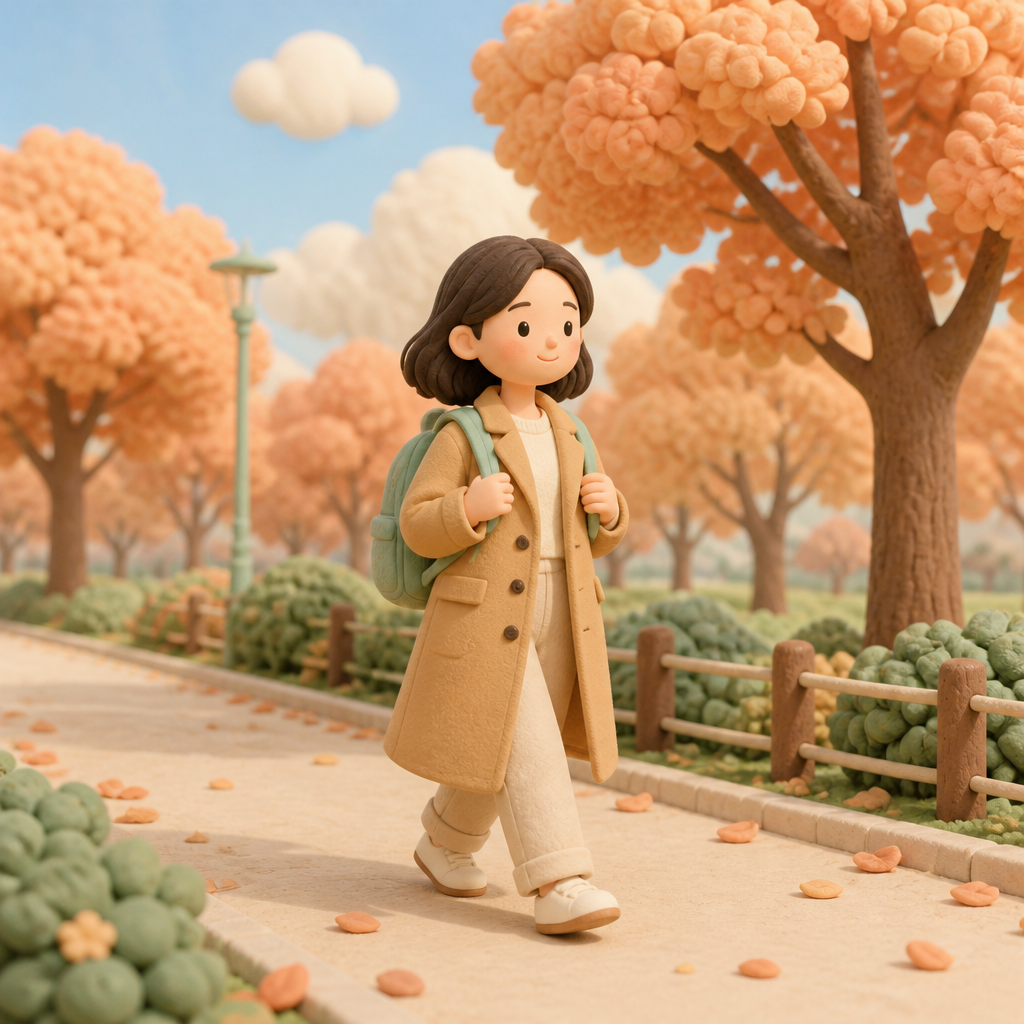 공원 산책로에서 가방을 메고 걸어가는 30대 여성