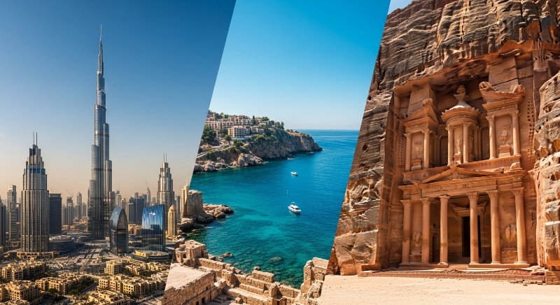 겨울철 온화한 날씨를 자랑하는 두바이의 스카이라인, 요르단 페트라의 알 카즈네, 그리고 튀르키예 안탈리아의 지중해 해변이 어우러진 여행지 이미지