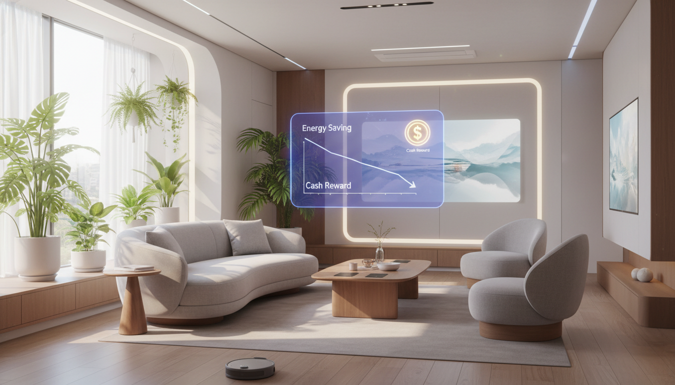 2026년 미래 가정의 거실에서 에너지 절약 그래프와 현금 인센티브 아이콘이 홀로그램으로 떠 있는 모습