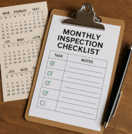 나무 책상 위에 월별 점검표와 달력이 놓여 있고, 펜이 함께 배치된 점검 준비 장면.