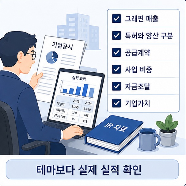 투자자가 그래핀 관련 기업의 실제 매출과 양산 여부, 공급계약, 사업 비중, 자금조달과 기업가치를 공시에서 확인하는 모습을 보여 주는 그림