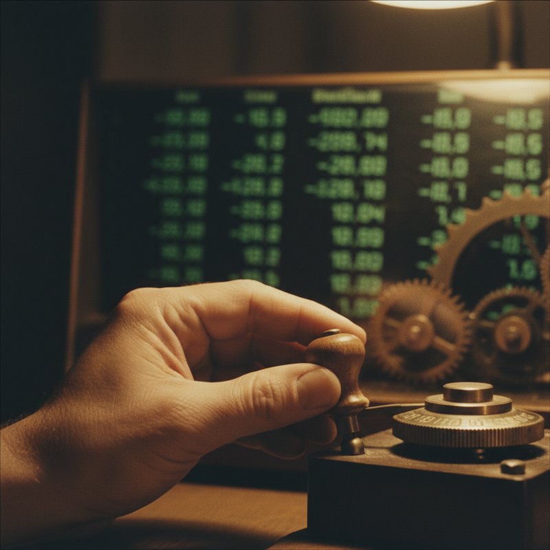 혼란스러운 주식 시세판을 배경으로 안정 장치를 조작하는 손, 아날로그 필름 감성, 따뜻한 빈티지 분위기