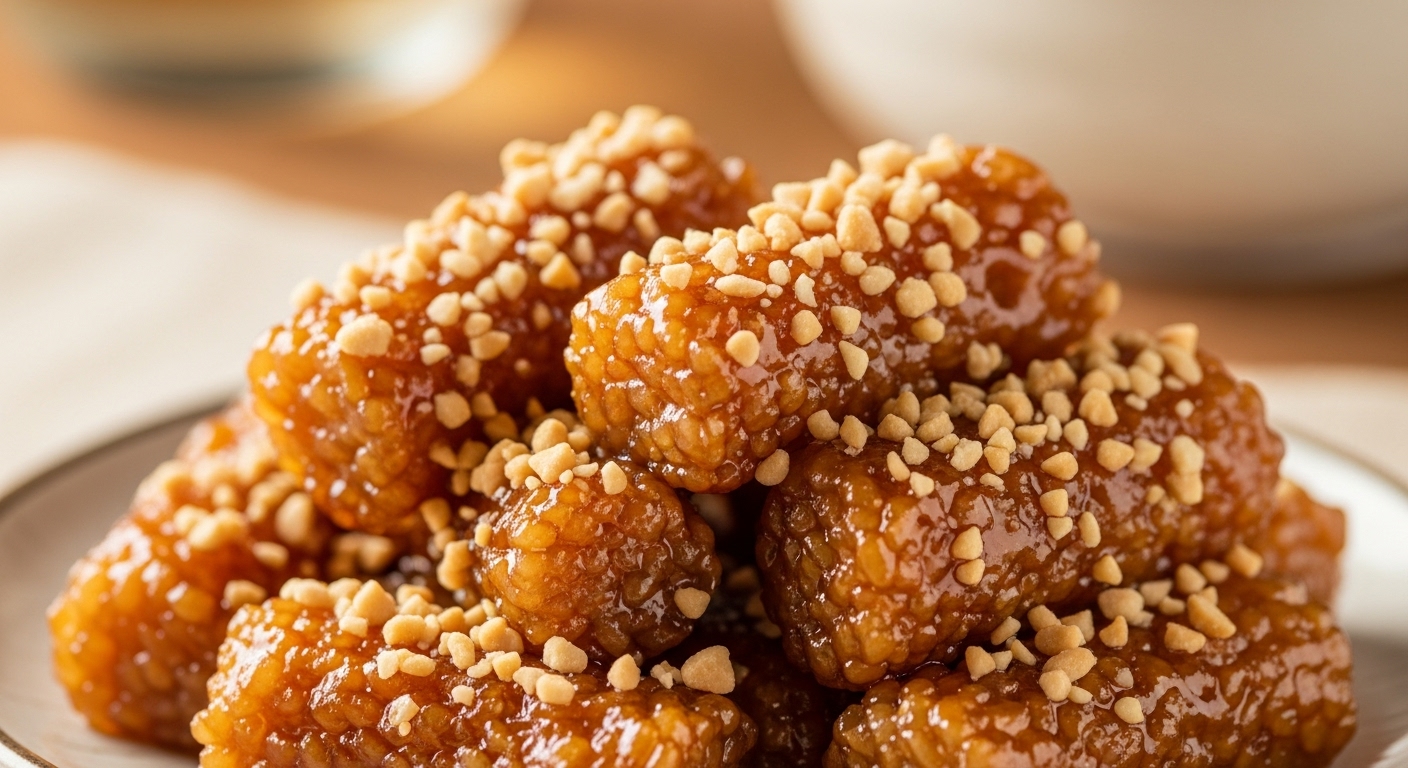 고소한 현미 가래떡에 달콤짭짤한 강정 소스가 버무려지고 땅콩이 뿌려진 현미 가래떡 강정 근접 사진