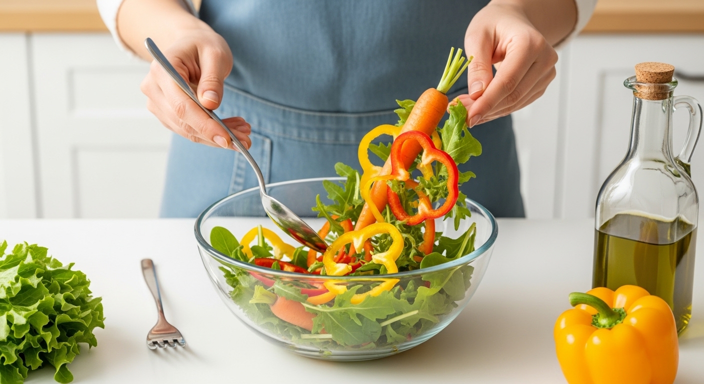 올리브유를 두른 신선한 당근, 시금치, 피망 샐러드를 만드는 손과 건강한 식단 준비 모습
