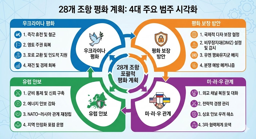 트럼프 행정부가 제안한 러시아-우크라이나 전쟁 종식을 위한 28개 조항 평화 계획의 4개 주요 범주를 보여주는 인포그래픽
