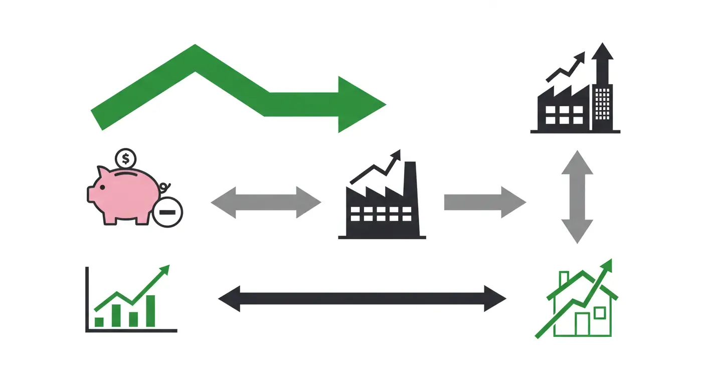 금리 하락이 예적금 매력 하락과 기업 부담 감소를 유발하여 주식과 부동산 시장에 상승 동력을 제공하는 과정