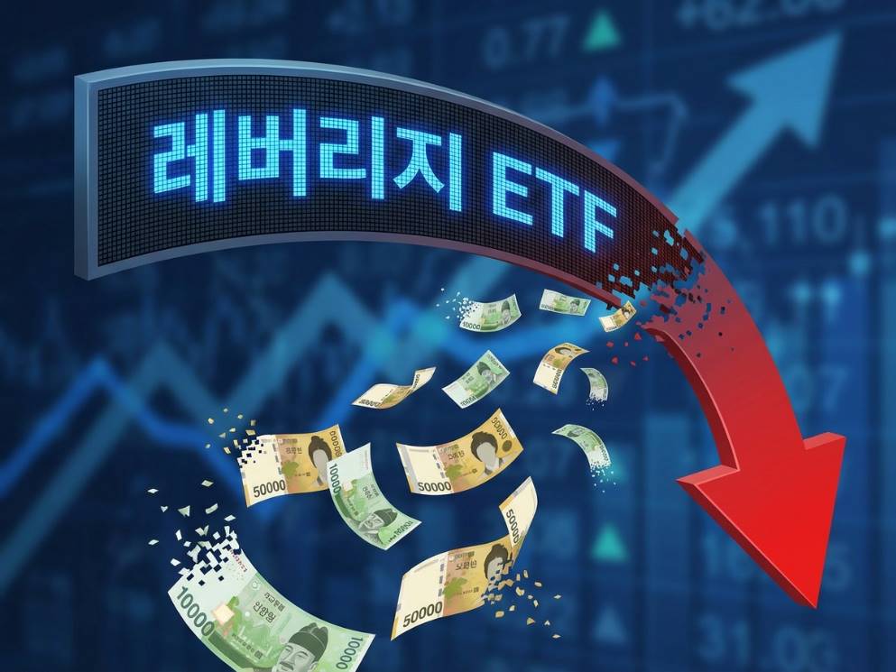 레버리지 ETF 표시판이 아래로 꺾이는 그래픽과 지폐가 흩어지는 이미지