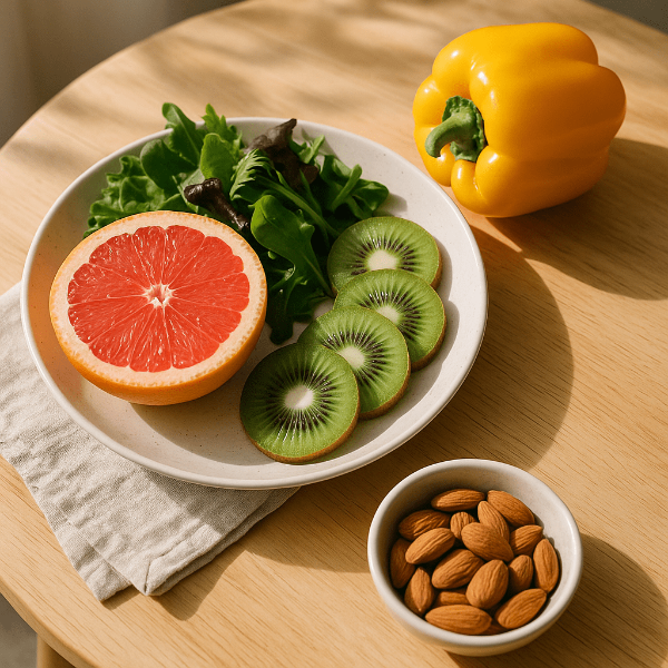피부 회복을 돕는 영양소가 많은 자몽과 키위, 견과류, 파프리카 이미지
