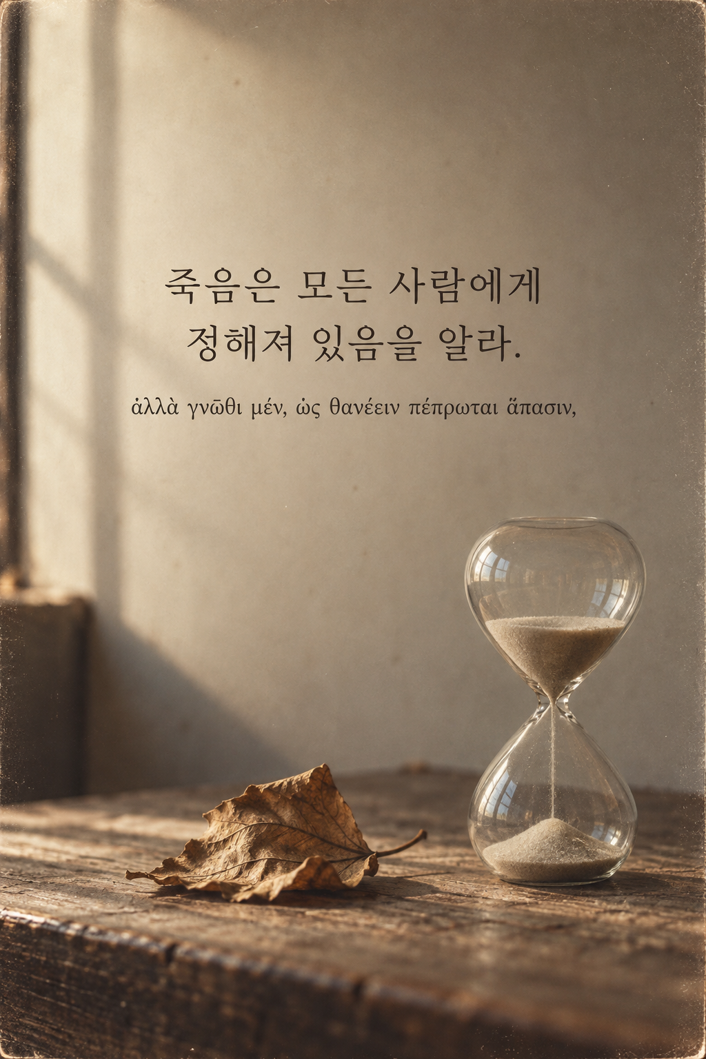 죽음은 모든 사람에게 정해져 있음을 알라. 마른 잎과 모래시계 배경에 한국어와 그리스어 원문을 담은 피타고라스 학파 명언 이미지