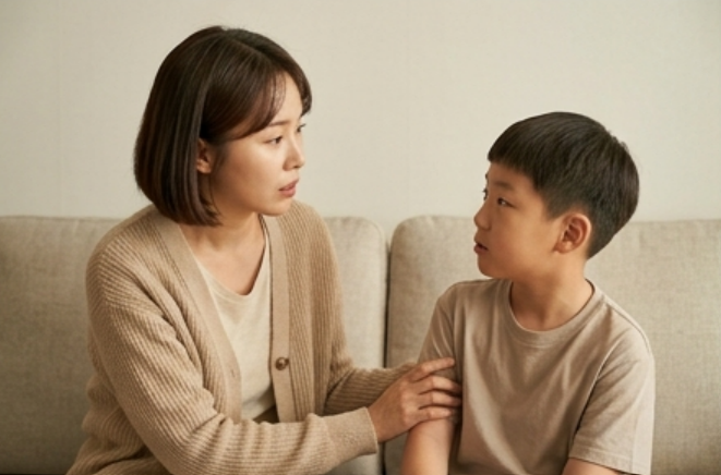 눈을 맞추고 낮은 목소리로 대화하는 엄마와 아들