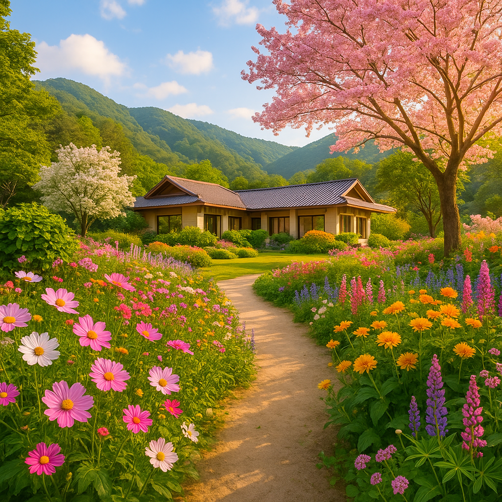 여행 지 꽃길 로 된 숙소 이미지