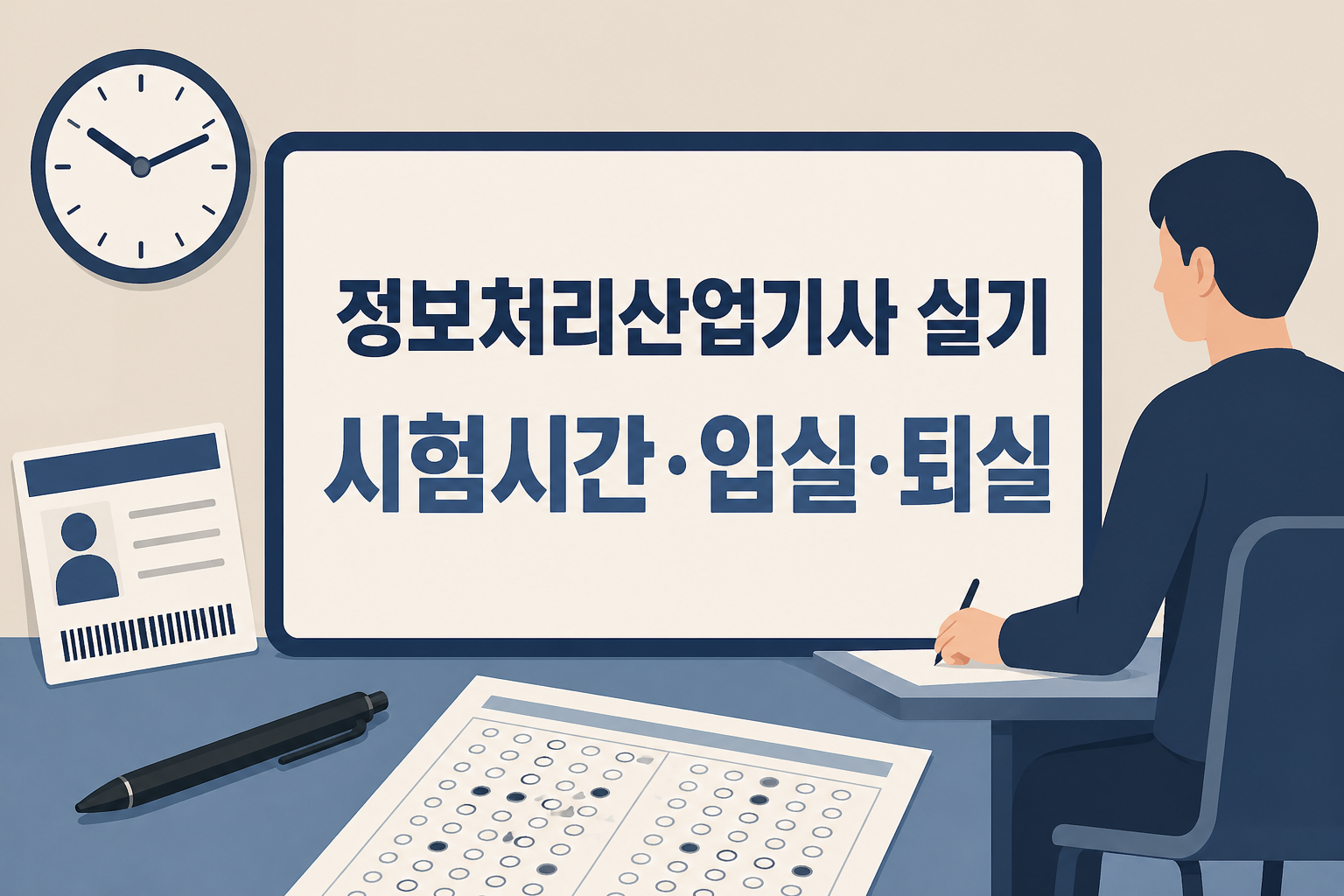 정보처리산업기사 실기 시험시간과 입실&middot;퇴실 기준을 시험 전 확인해야 할 핵심 범위로 안내하는 썸네일 이미지