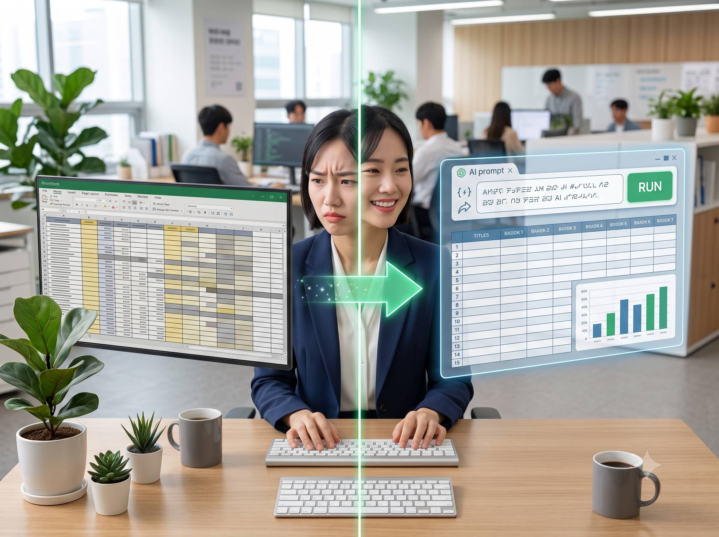 구체적인 프롬프트 입력 전후로 어수선한 데이터가 깔끔한 보고서로 바뀌는 비교 장면