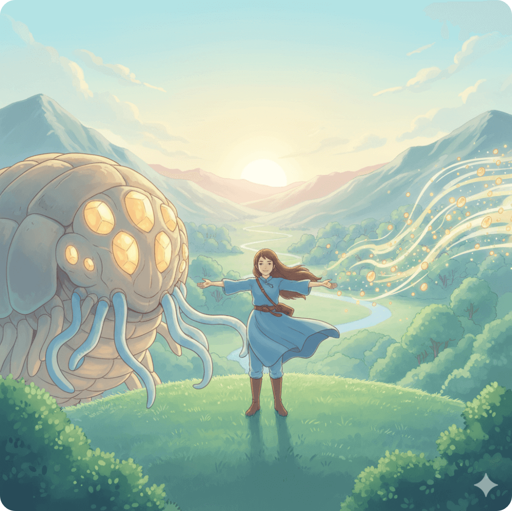 alt="푸른 옷의 소녀가 오무와 바람 속에 서 있는 장면. 공감과 소통을 상징하는 이미지.&rdquo;