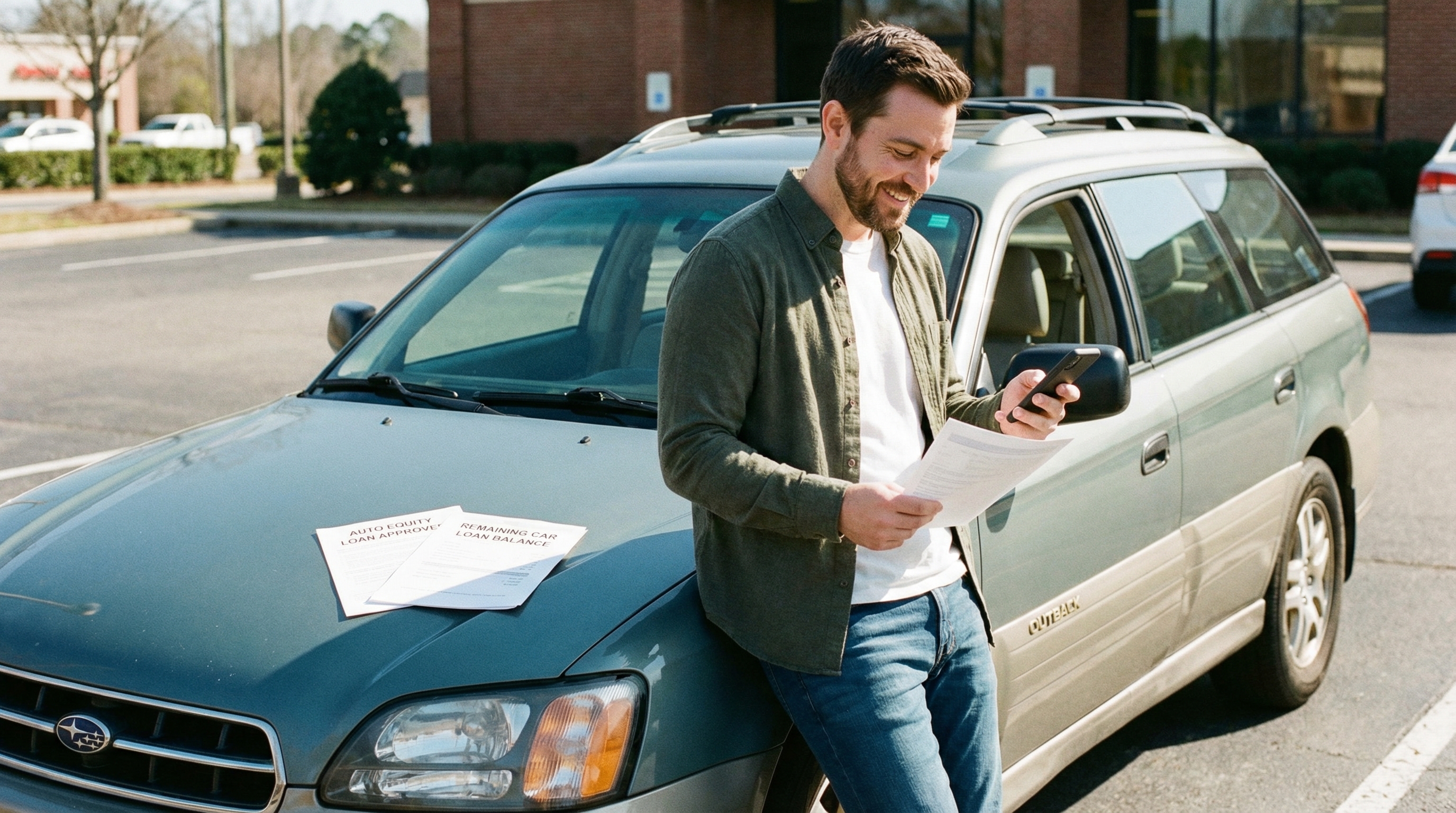 할부금이 남아있는 자동차를 활용해 추가 자금을 마련하고 안도하는 차주의 모습