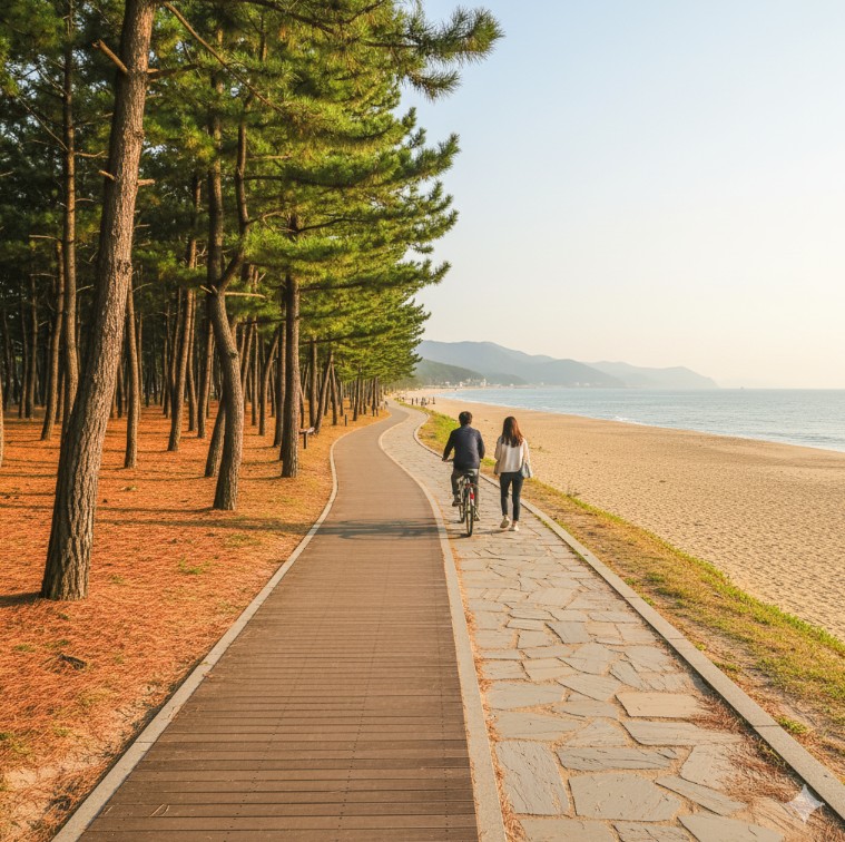 "강릉 솔숲과 해변을 잇는 산책로 전경"