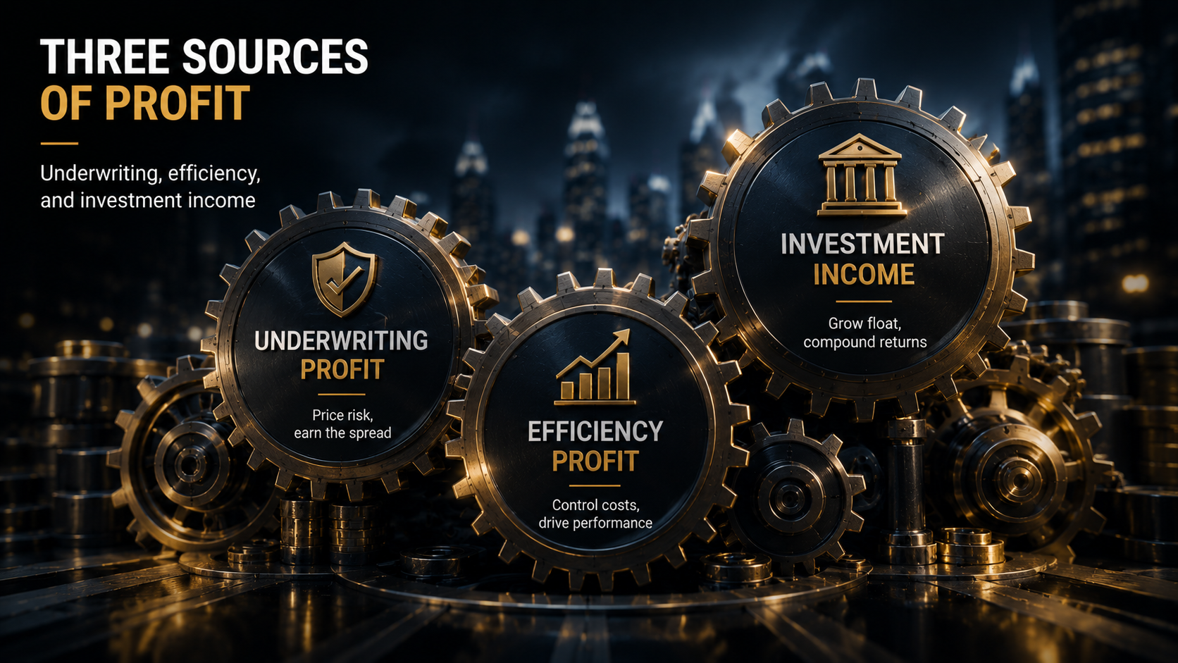 Three major profit sources of insurance companies including underwriting profit, efficiency gains, and investment income.