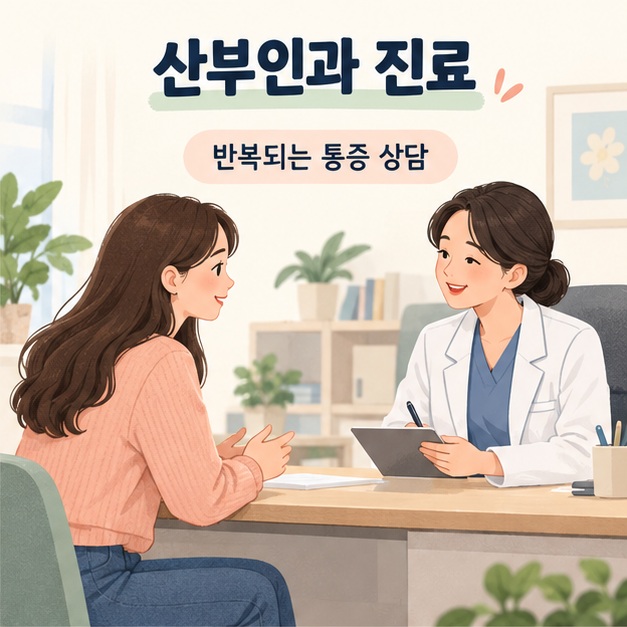 산부인과에서 반복되는 생리통을 의사에게 상담하는 여성