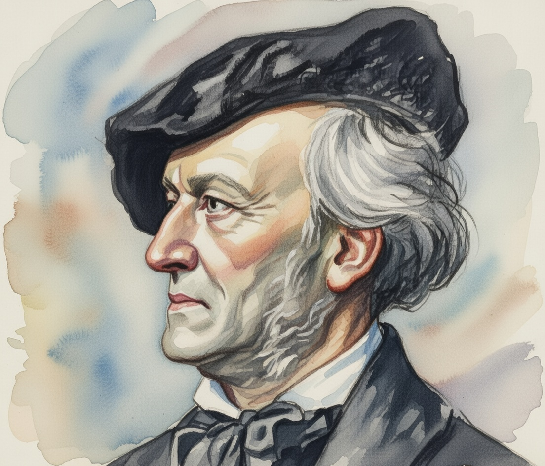 AI 생성 : 베레모를 쓰고 옆을 바라보고 있는 독일의 작곡가 '리하르트 바그너'의 수채화풍 초상화의 이미지