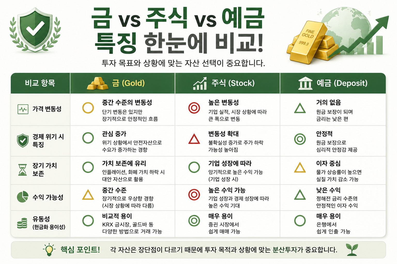 금vs주식vs예금 특징 비교 이미지