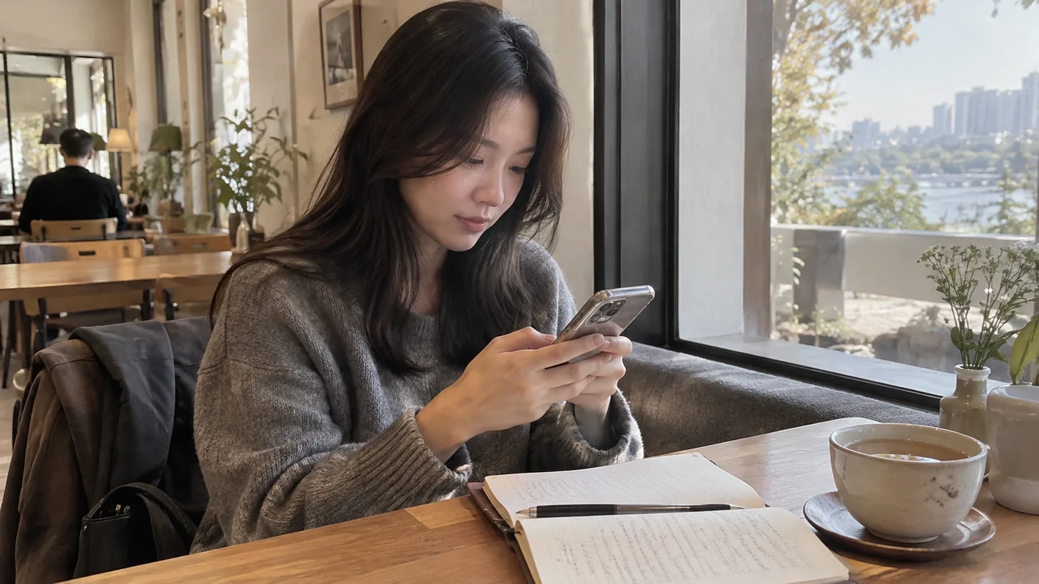 휴대폰으로 조심스럽게 개인 메시지를 쓰는 사람