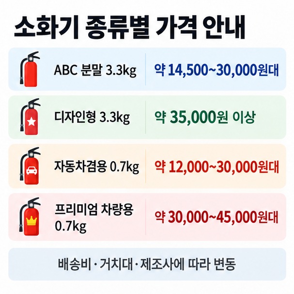 ABC 분말 3.3kg 약 1만4천원에서 3만원대, 차량용 0.7kg 약 1만2천원에서 4만원대 가격 범위를 비교한 이미지