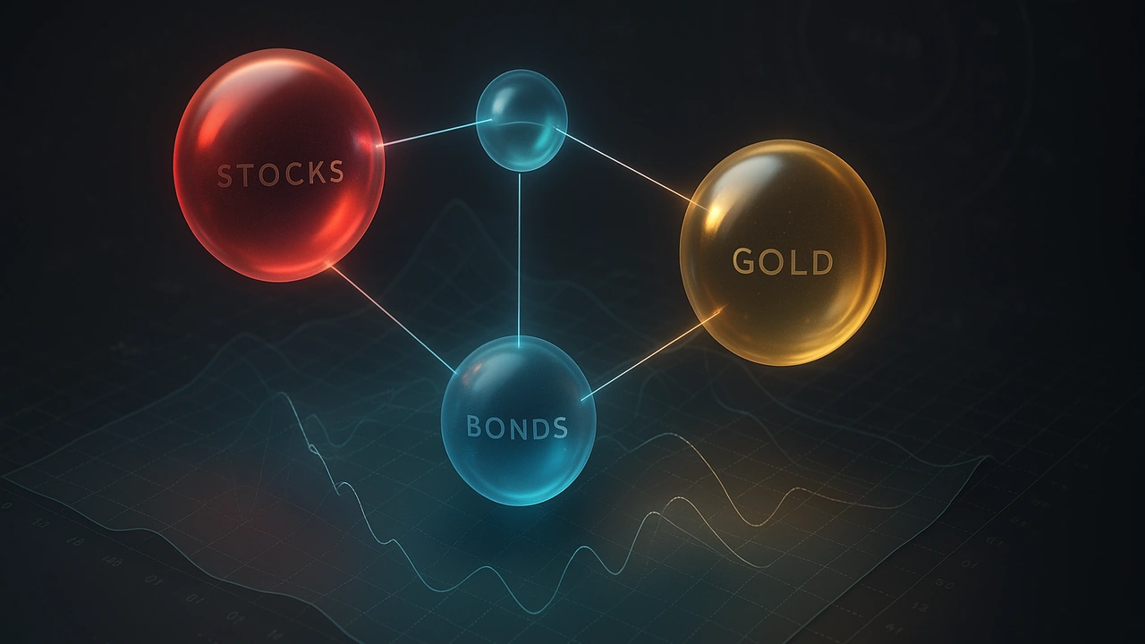 상관관계 그래프와 주식, 채권, 금 아이콘이 어우러진, 변동성을 줄이는 자산배분 전략을 시각적으로 표현하는 인포그래픽 이미지