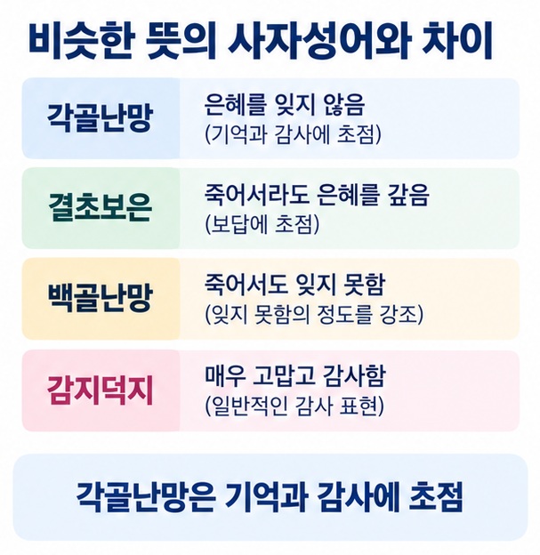 각골난망 결초보은 백골난망 감지덕지의 의미 차이를 비교해 은혜를 잊지 않는다는 핵심을 설명한 이미지