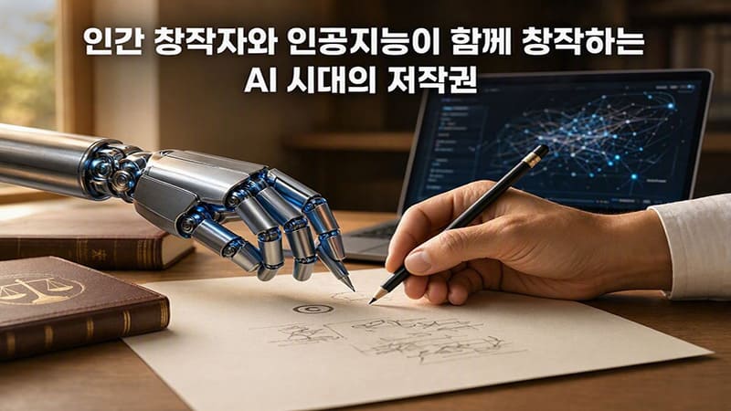 <img src=”human-ai-creative-copyright.jpg” alt=”인간 창작자와 인공지능이 함께 창작하는 AI 시대의 저작권”>