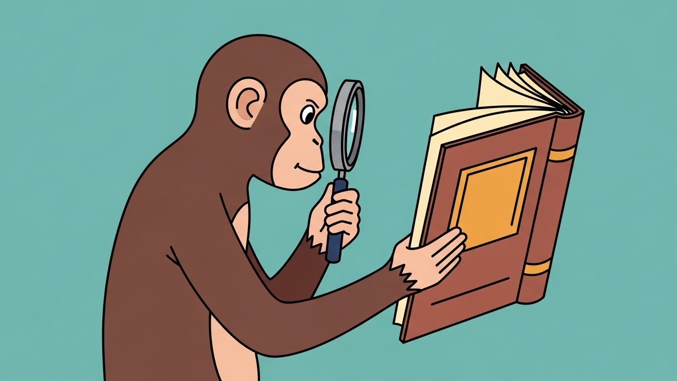 책을 읽으며 신중하게 정보를 분석하는 영리한 원숭이 캐릭터의 2D 플랫 벡터 일러스트