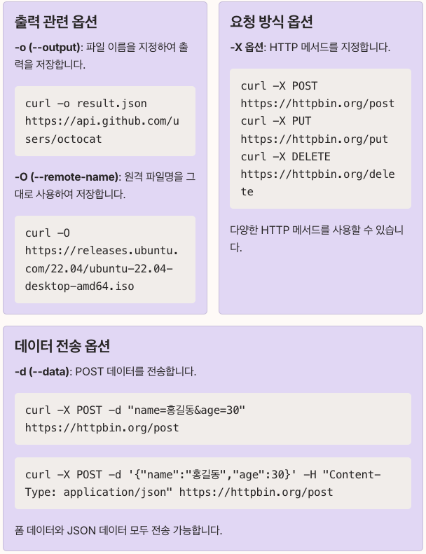 curl 명령어 옵션 정리 정리 이미지