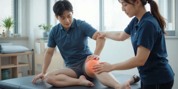 물리치료 중 무릎 스트레칭 받는 환자