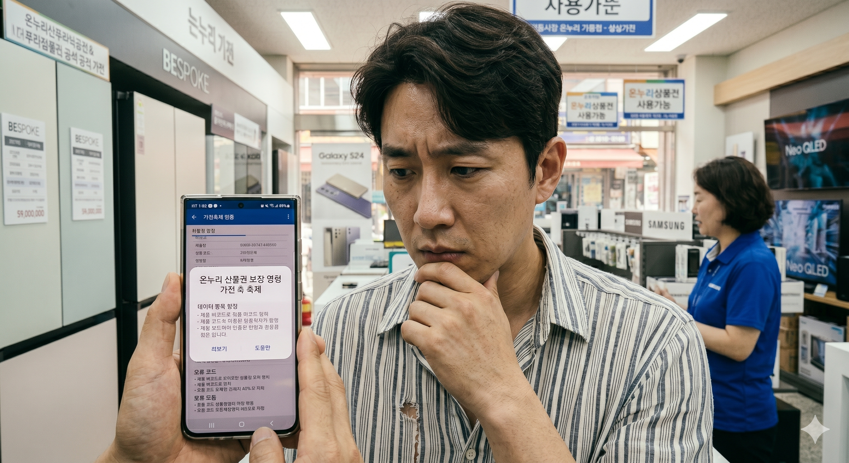 스마트폰 화면에 표시된 가전 페스티벌 온누리상품권 보완 명령 메시지를 바라보며 골똘히 해결책을 구상 중인 한국인 남성의 걱정스러운 표정