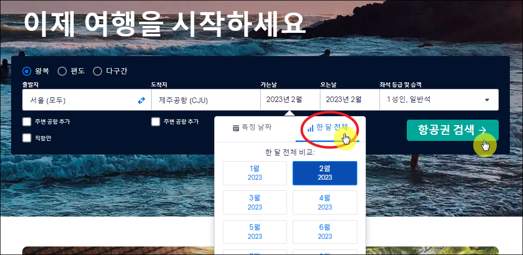 스카이스캐너 초기 화면