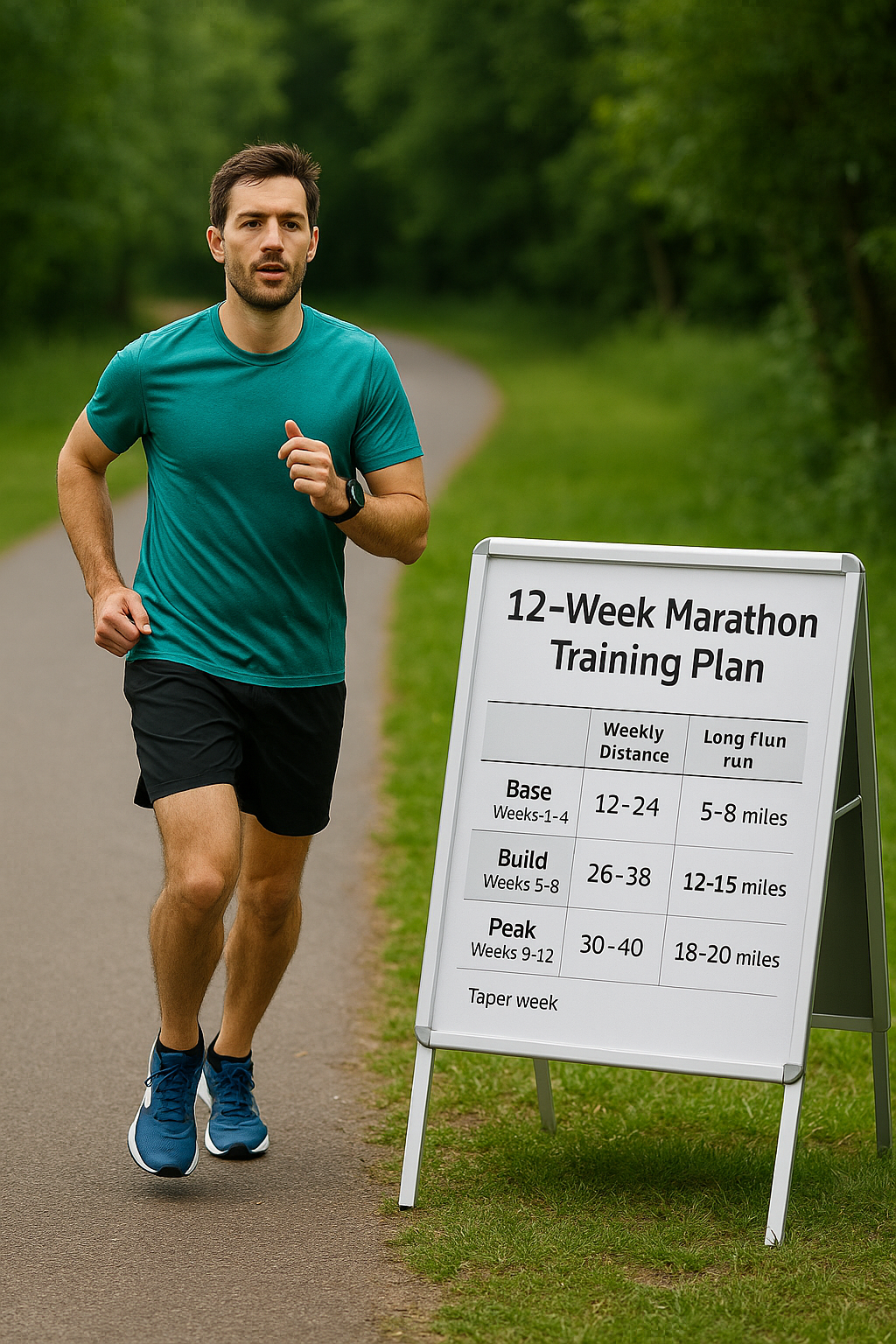 마라톤 입문자를 위한 12주 훈련 계획이 인쇄된 스케줄표가 책상 위에 놓여 있고, 스마트워치와 물병, 러닝화가 함께 배치되어 있다. 초보 러너가 계획적으로 훈련을 준비하는 장면