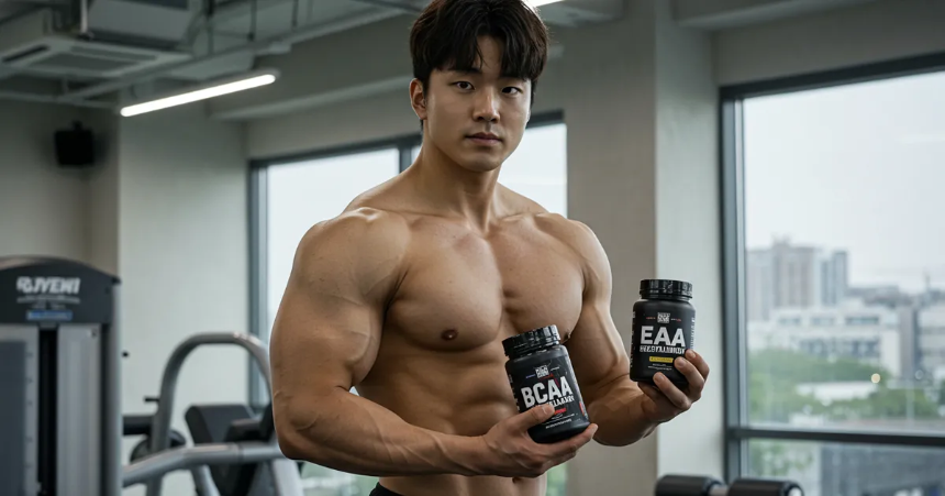 BCAA와 EAA 보충제를 들고있는 한국인 근육 남성 이미지