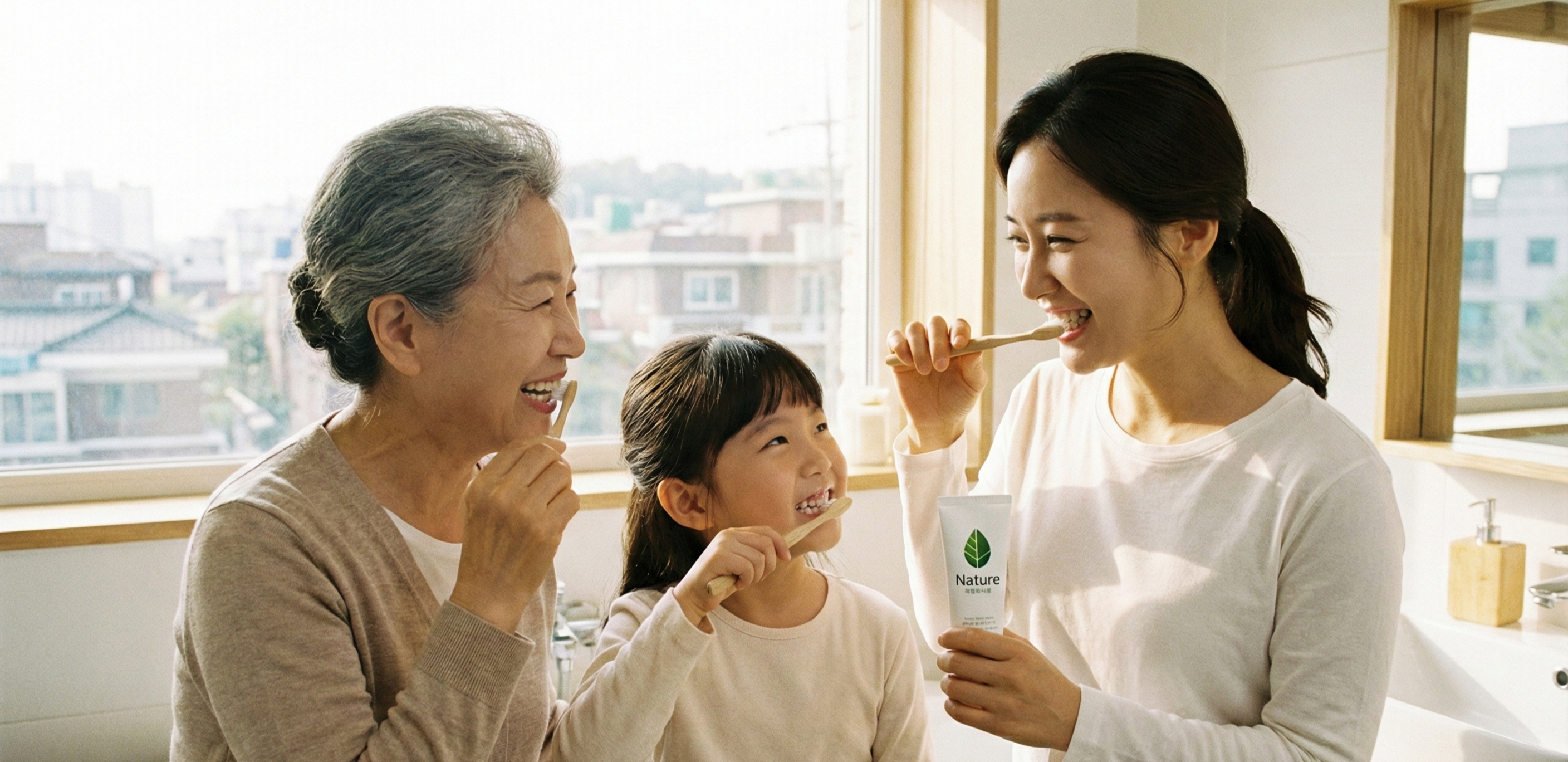햇살이 드는 밝은 욕실에서 할머니, 부모님, 아이들이 함께 모여 'Natural Family Care'라고 적힌 치약과 대나무 칫솔을 들고 즐겁게 웃으며 양치질하는 모습