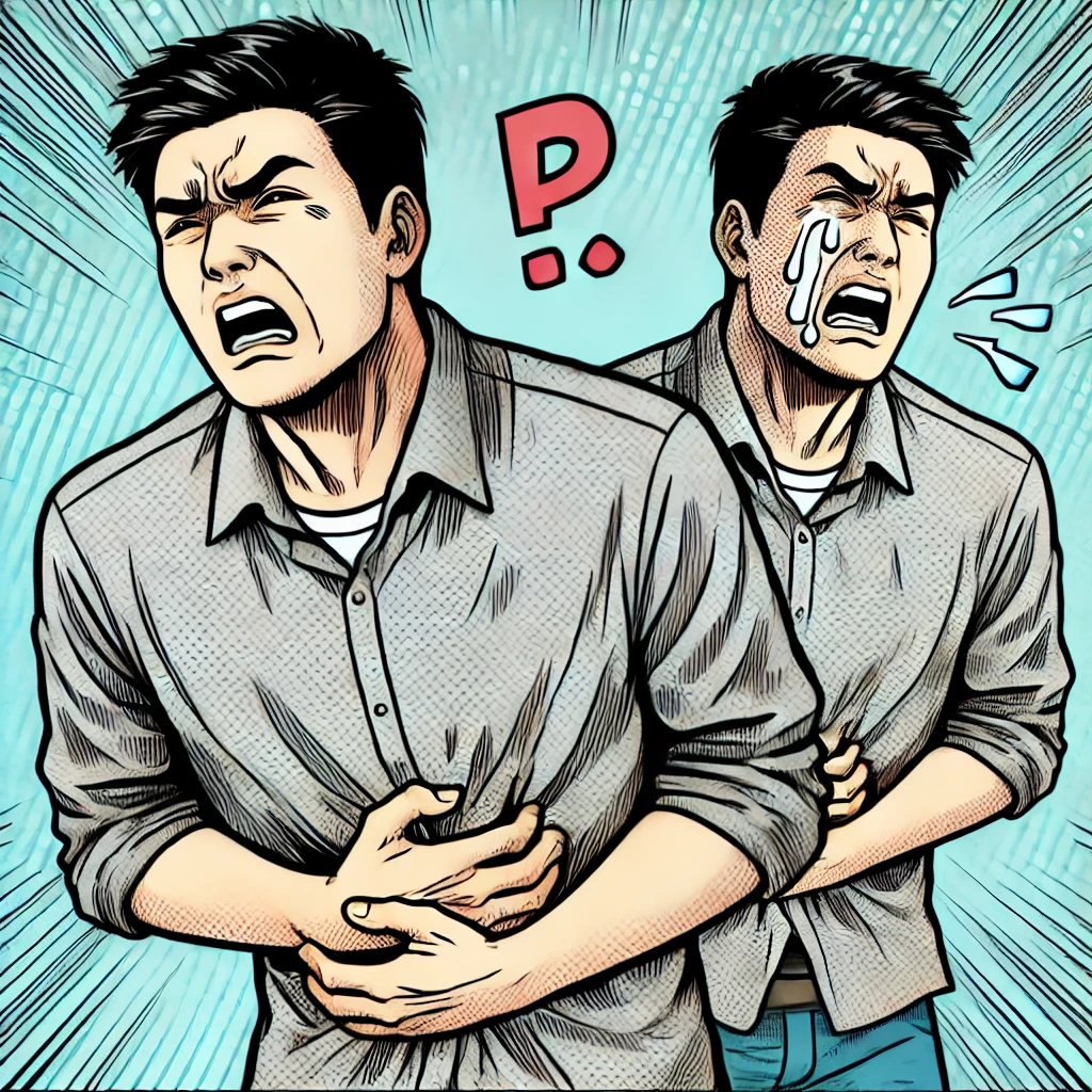 위염으로 속이 쓰려 고통스러워하는 남성