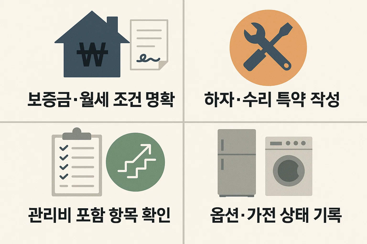 월세계약 보증금과 월세 조건 명확화, 하자·수리 특약 작성, 관리비 포함 항목 확인, 옵션과 가전 상태 기록 등 계약 시 발생할 수 있는 분쟁을 예방하기 위한 필수 비용·특약 체크 내용을 담은 인포그래픽