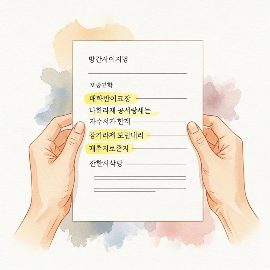 환불 규정 문서를 살펴보는 손의 모습.