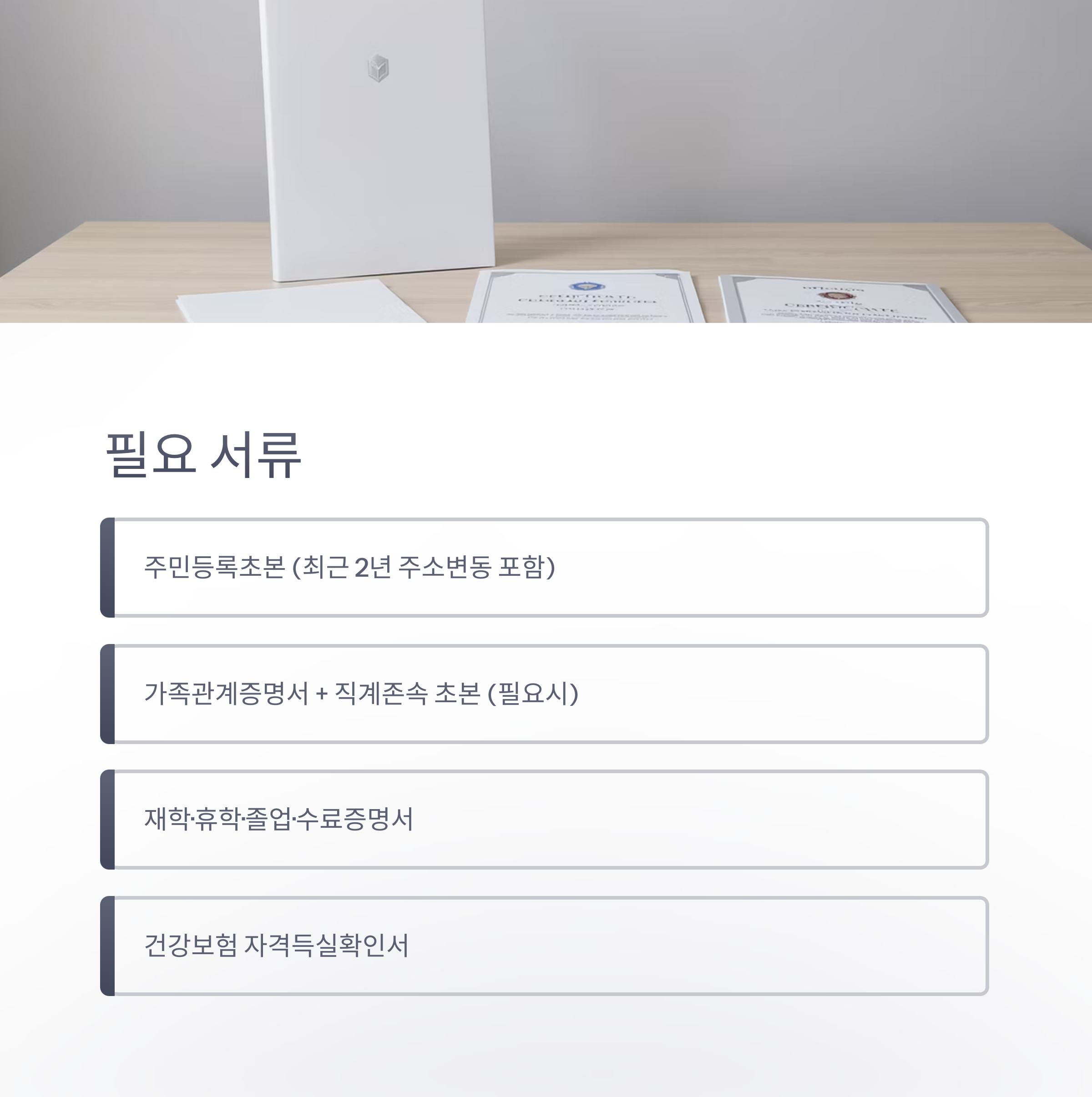 책상 위 졸업 증명서와 함께, 주민등록초본, 가족관계증명서, 수료증명서, 건강보험 자격득실 확인서 등 필요 서류를 안내하는 이미지