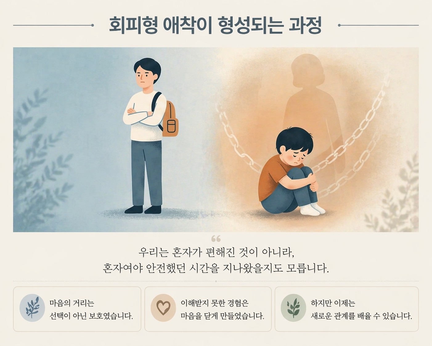 회피형 애착 형성과정에서 어린 시절 경험과 감정 억제를 표현한 이미지