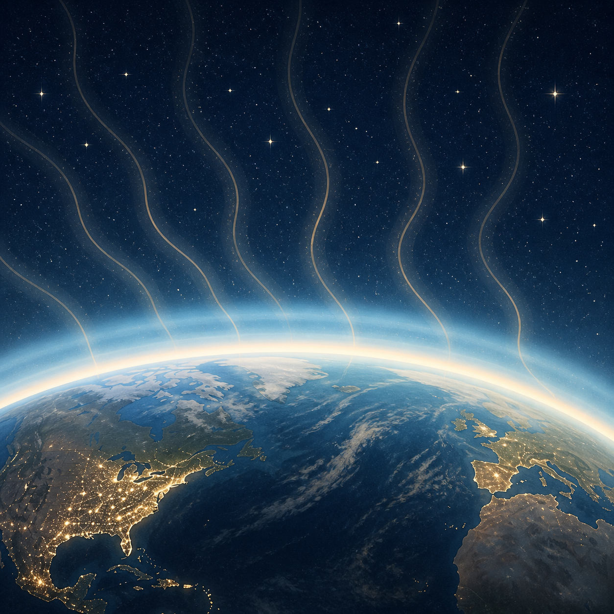 A simple educational illustration showing stars twinkling above Earth's atmosphere