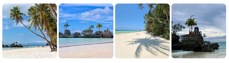 보라카이 화이트 비치의 하얀 모래사장과 윌리스 락, 야자수 풍경이 어우러진 필리핀 대표 해변 이미지