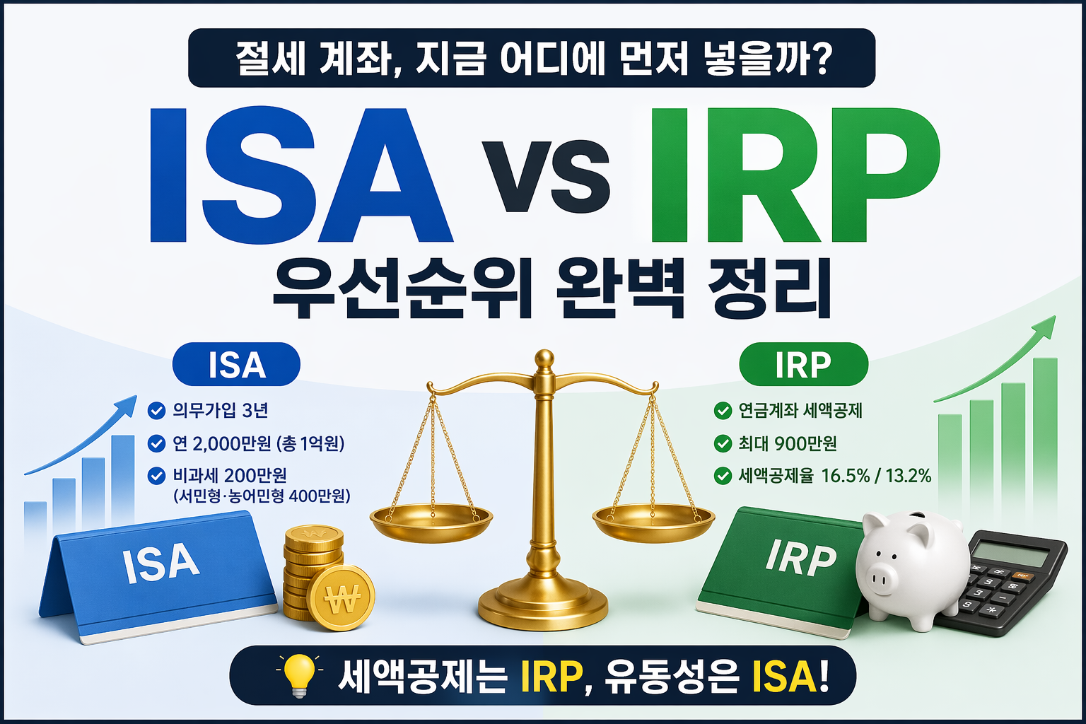 ISA와 IRP를 비교하는 절세 계좌 썸네일 이미지. 중앙에 저울이 있고, 왼쪽에는 ISA와 동전 아이콘, 오른쪽에는 IRP와 돼지저금통 아이콘이 배치되어 있으며, 세액공제는 IRP, 유동성은 ISA라는 핵심 메시지를 담고 있음.